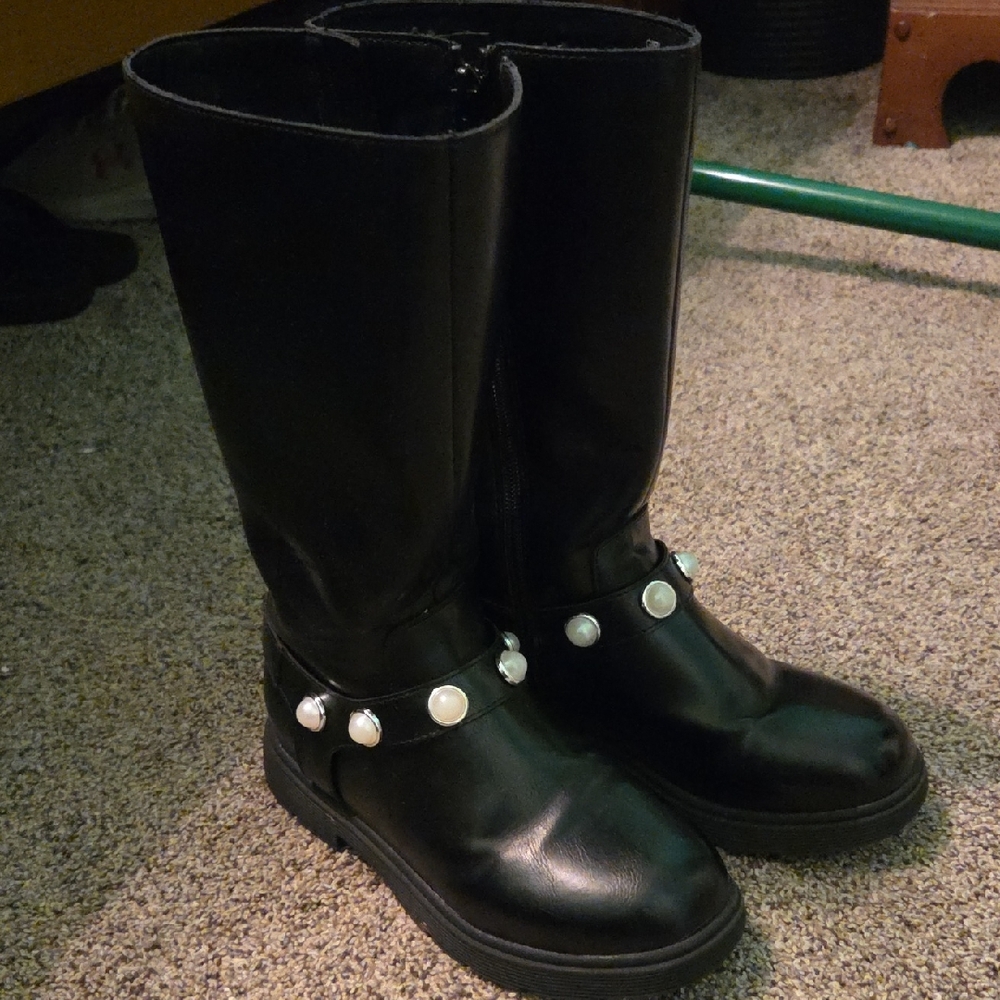 Kohl's Black Pearl-Studded Heeled Boots Size Girls 1